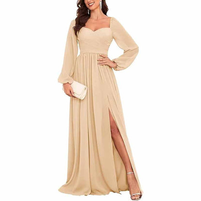Long Sleeve Bridesmaid Dresses Long Pleated Chiffon Formal Evening Dresses with Slit