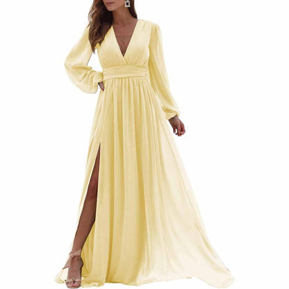 Women Long Sleeve Bridesmaid Dresses Slit Long Pleated Formal Evening Party Gown