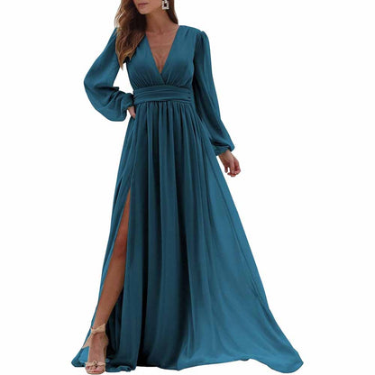Women Long Sleeve Bridesmaid Dresses Slit Long Pleated Formal Evening Party Gown