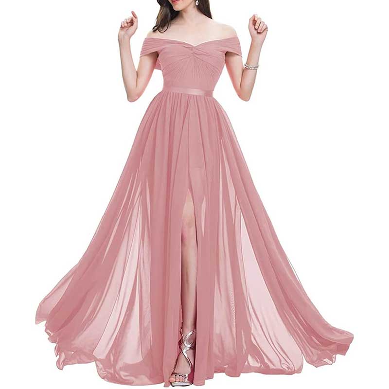 Off Shoulder Bridesmaid Dresses A-line Pleated Chiffon Formal Evening Gowns