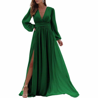 Women Long Sleeve Bridesmaid Dresses Slit Long Pleated Formal Evening Party Gown