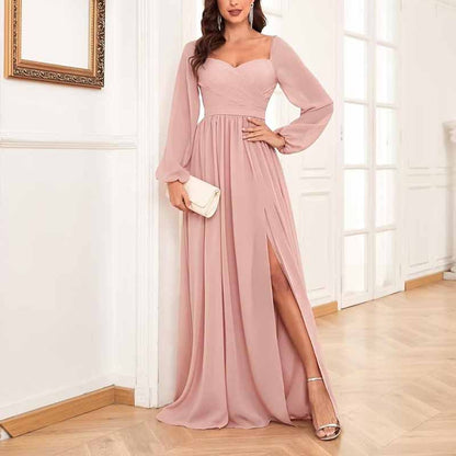 Long Sleeve Bridesmaid Dresses Long Pleated Chiffon Formal Evening Dresses with Slit