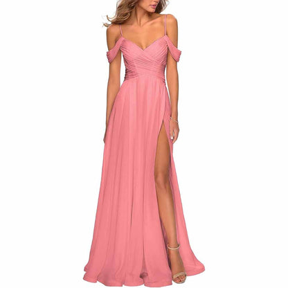 Chiffon Bridesmaid Dresses with Pockets V Neck Long Prom Dress Formal Evening Gown with Slit