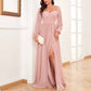 Long Sleeve Bridesmaid Dresses Long Pleated Chiffon Formal Evening Dresses with Slit