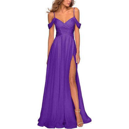 Chiffon Bridesmaid Dresses with Pockets V Neck Long Prom Dress Formal Evening Gown with Slit