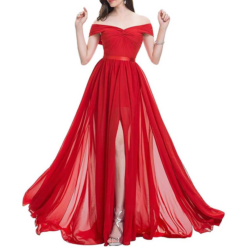 Off Shoulder Bridesmaid Dresses A-line Pleated Chiffon Formal Evening Gowns