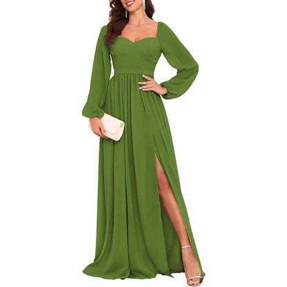 Long Sleeve Bridesmaid Dresses Long Pleated Chiffon Formal Evening Dresses with Slit