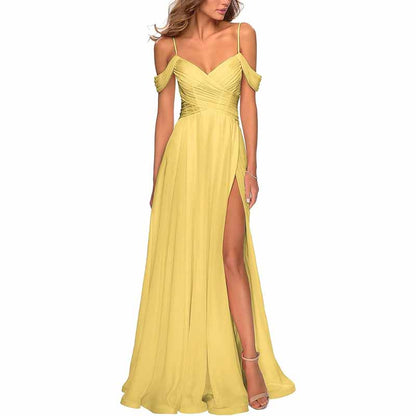 Chiffon Bridesmaid Dresses with Pockets V Neck Long Prom Dress Formal Evening Gown with Slit