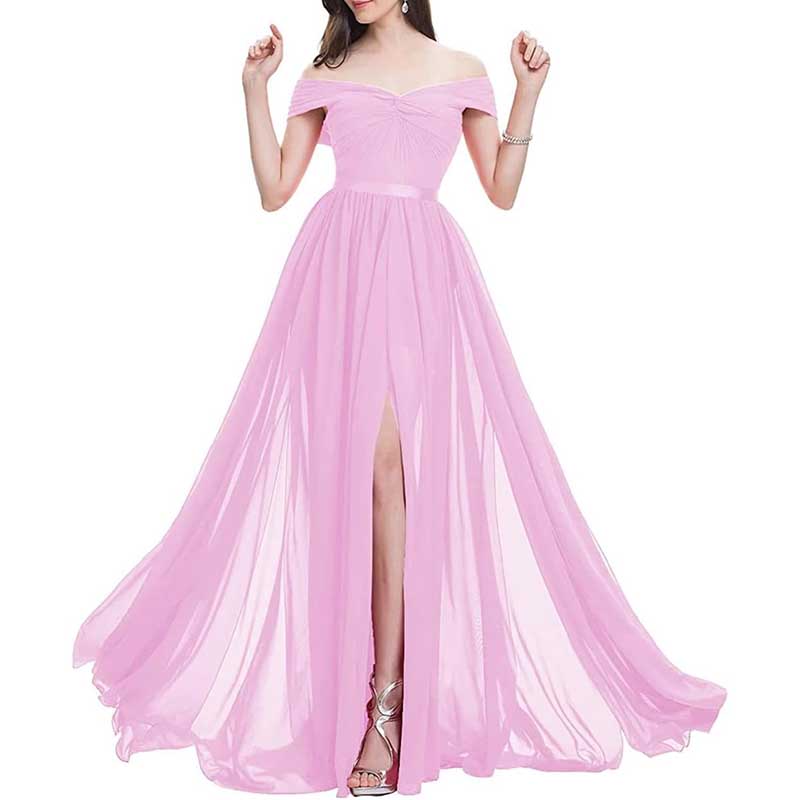 Off Shoulder Bridesmaid Dresses A-line Pleated Chiffon Formal Evening Gowns