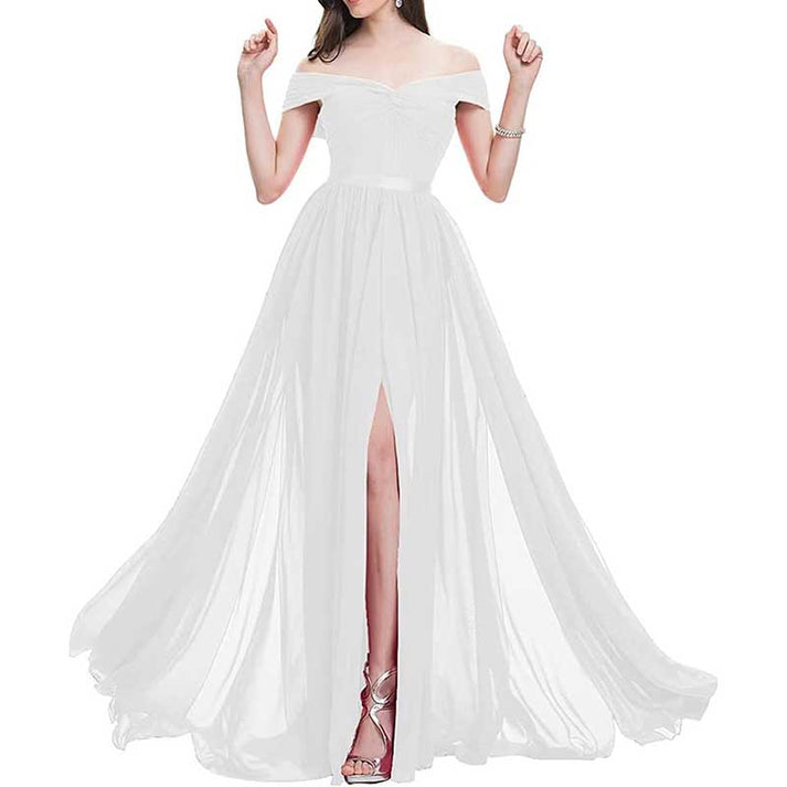 Off-the-Shoulder A-Line Pleated Chiffon Bridesmaid Gown in Dark Navy main image 0