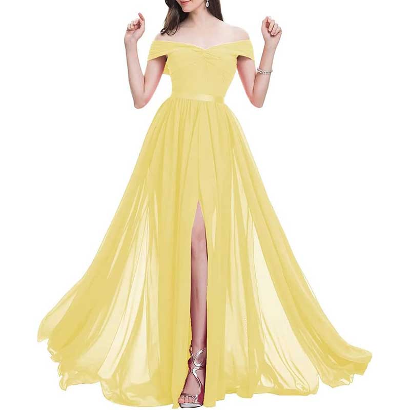 Off Shoulder Bridesmaid Dresses A-line Pleated Chiffon Formal Evening Gowns