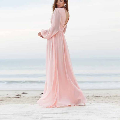 Women Long Sleeve Bridesmaid Dresses Slit Long Pleated Formal Evening Party Gown