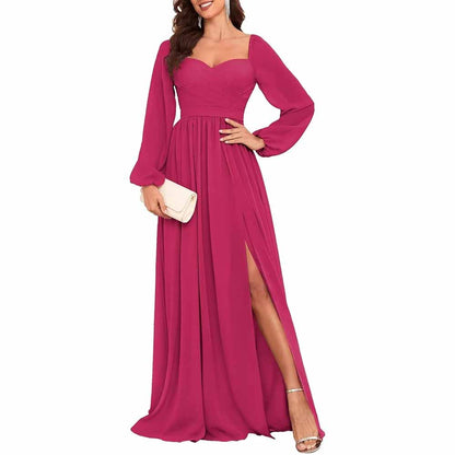 Long Sleeve Bridesmaid Dresses Long Pleated Chiffon Formal Evening Dresses with Slit