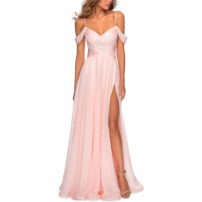 Chiffon Bridesmaid Dresses with Pockets V Neck Long Prom Dress Formal Evening Gown with Slit