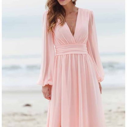 Women Long Sleeve Bridesmaid Dresses Slit Long Pleated Formal Evening Party Gown