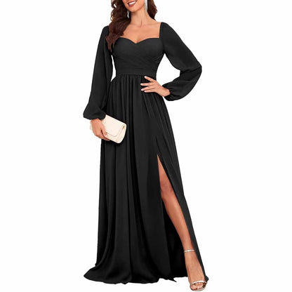 Long Sleeve Bridesmaid Dresses Long Pleated Chiffon Formal Evening Dresses with Slit