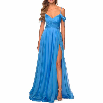 Chiffon Bridesmaid Dresses with Pockets V Neck Long Prom Dress Formal Evening Gown with Slit