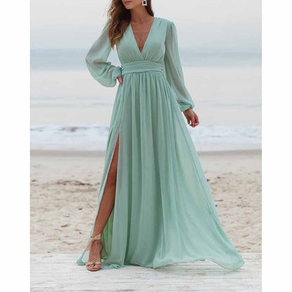 Women Long Sleeve Bridesmaid Dresses Slit Long Pleated Formal Evening Party Gown