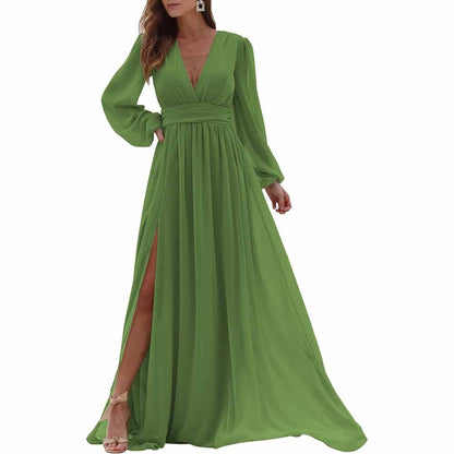 Women Long Sleeve Bridesmaid Dresses Slit Long Pleated Formal Evening Party Gown