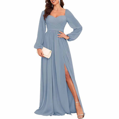 Long Sleeve Bridesmaid Dresses Long Pleated Chiffon Formal Evening Dresses with Slit