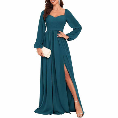 Long Sleeve Bridesmaid Dresses Long Pleated Chiffon Formal Evening Dresses with Slit