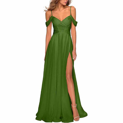 Chiffon Bridesmaid Dresses with Pockets V Neck Long Prom Dress Formal Evening Gown with Slit
