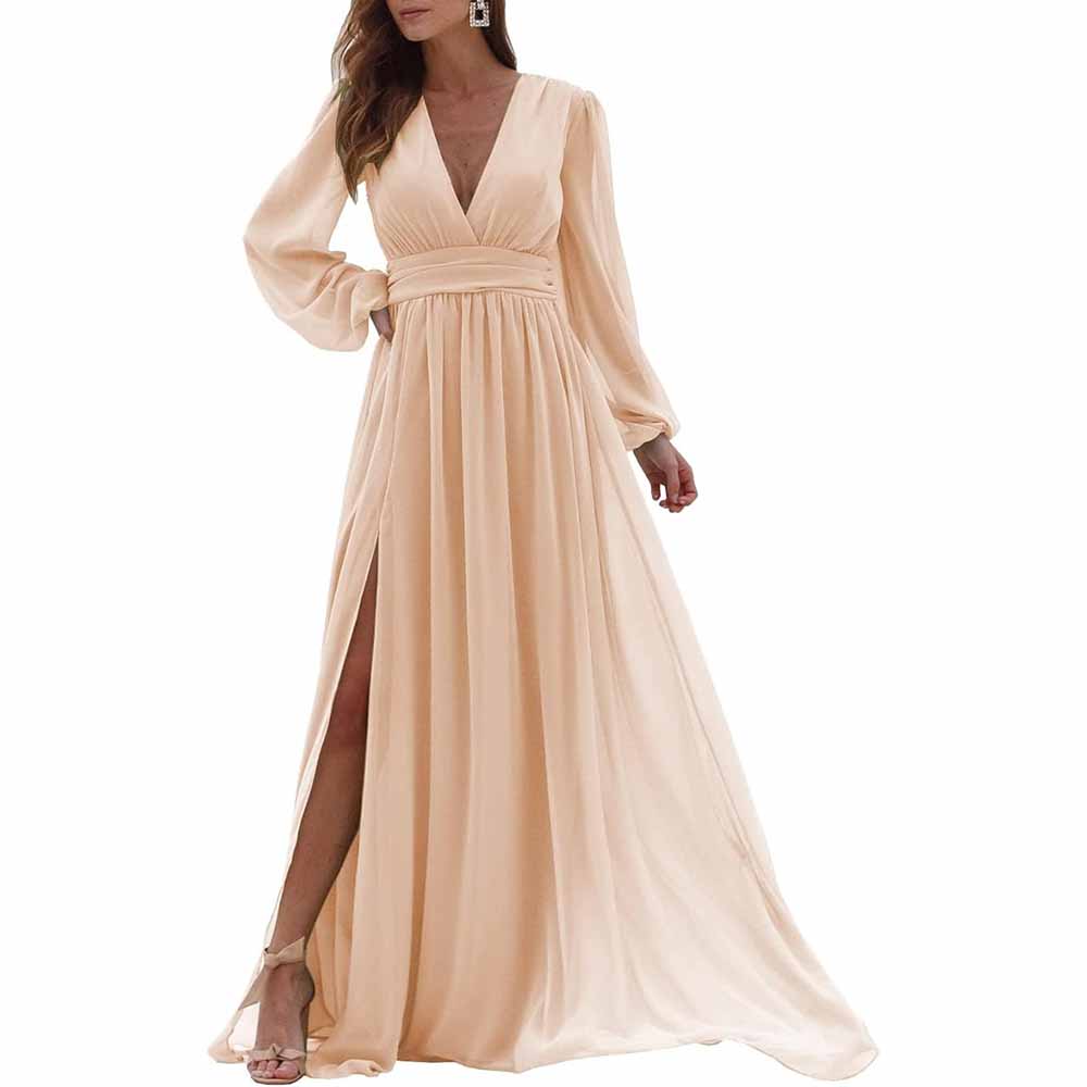 Women Long Sleeve Bridesmaid Dresses Slit Long Pleated Formal Evening Party Gown