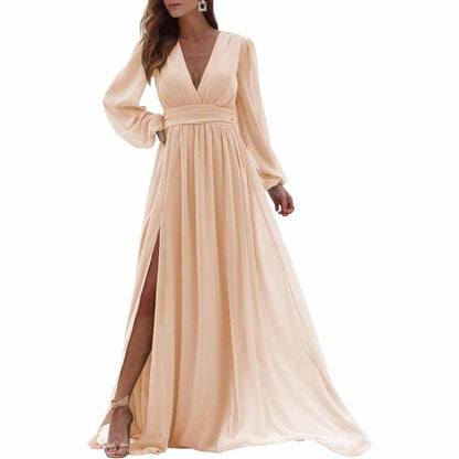 Women Long Sleeve Bridesmaid Dresses Slit Long Pleated Formal Evening Party Gown