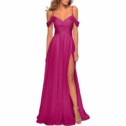 Chiffon Bridesmaid Dresses with Pockets V Neck Long Prom Dress Formal Evening Gown with Slit