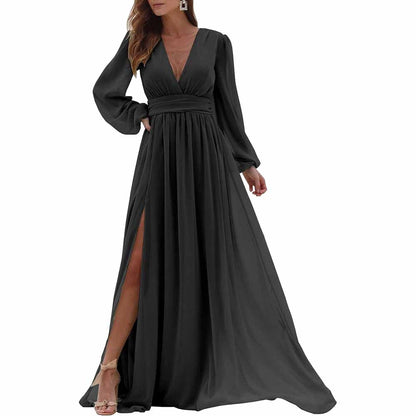 Women Long Sleeve Bridesmaid Dresses Slit Long Pleated Formal Evening Party Gown