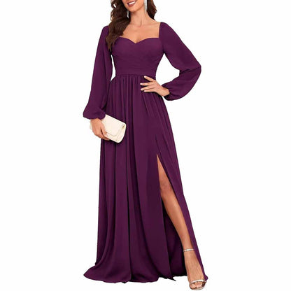 Long Sleeve Bridesmaid Dresses Long Pleated Chiffon Formal Evening Dresses with Slit