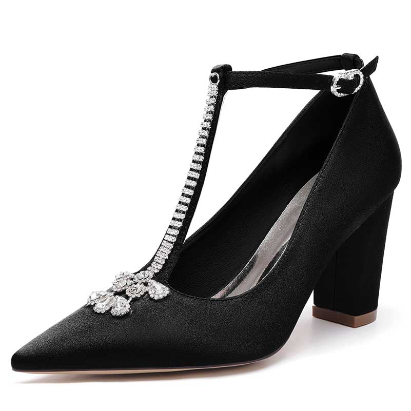Elegant black chunky block heel wedding shoes with rhinestone embellishments and a stylish T-strap design