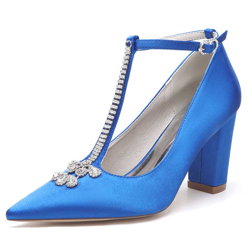 S&DCo. Blue Chunky Block Heel Wedding Shoes with Rhinestone Detail for Elegant Occasions