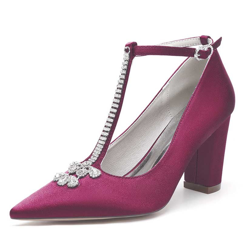 S&DCo. sleek burgundy chunky block heel wedding shoes with sparkling rhinestone decoration