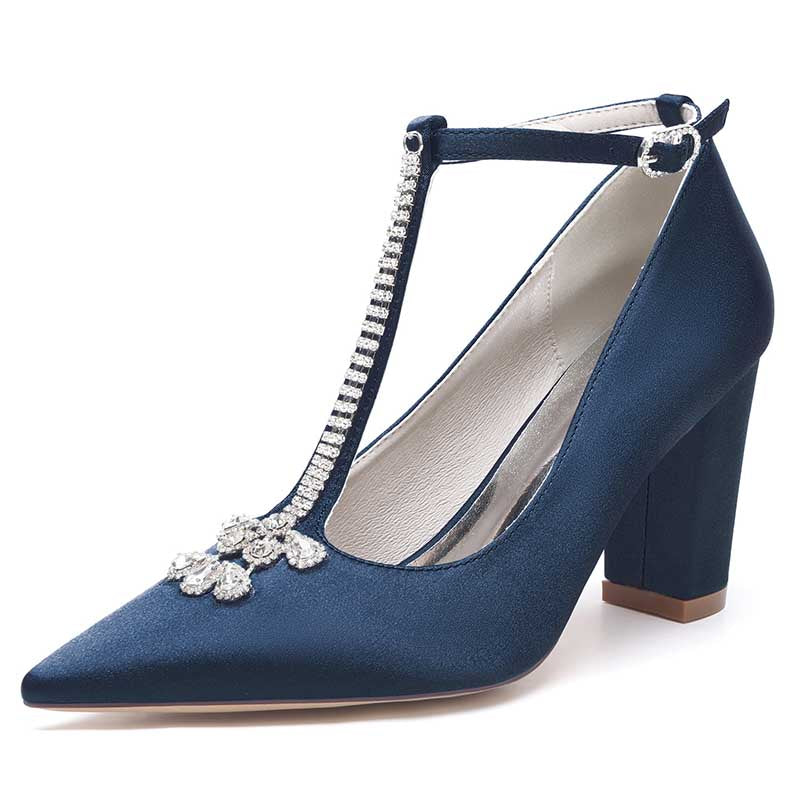 Elegant navy satin chunky block heel wedding shoes with a jeweled design and adjustable strap