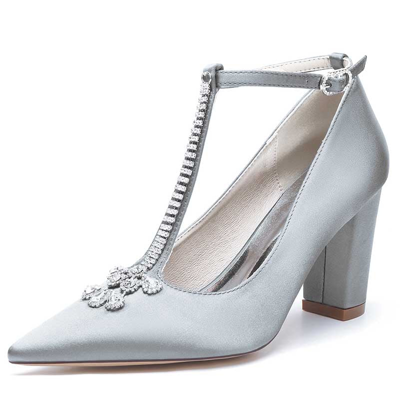 S&DCo. chunky block heel wedding shoes in silver satin with sparkling gemstone detail