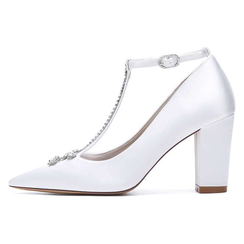 Elegant white chunky block heel wedding shoes with T-strap and embellished details
