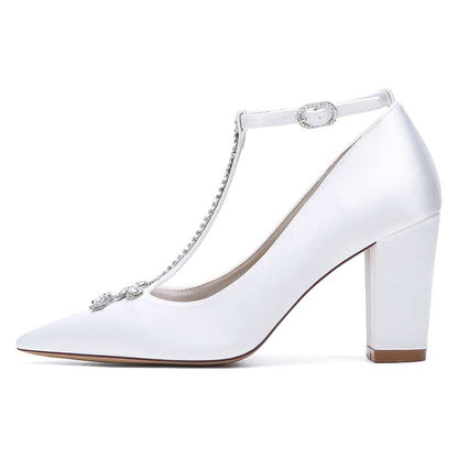 Elegant white chunky block heel wedding shoes with T-strap and embellished details