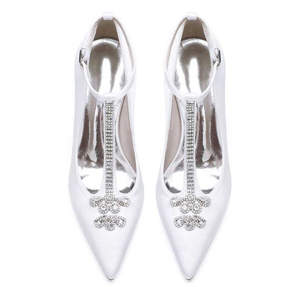 Elegant S&DCo. chunky block heel wedding shoes with sparkling decorative detail in white satin