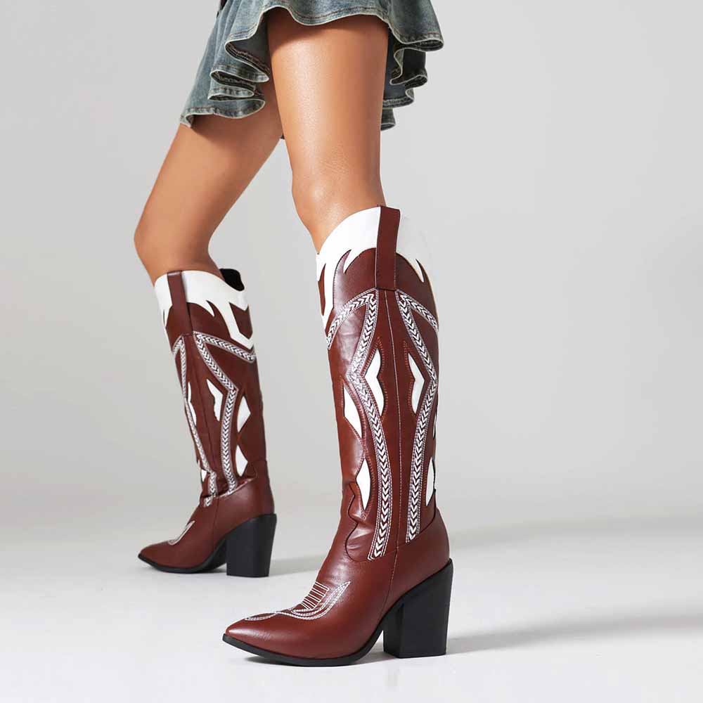 Stylish chunky block heel western boots for women with intricate detailing and a modern design