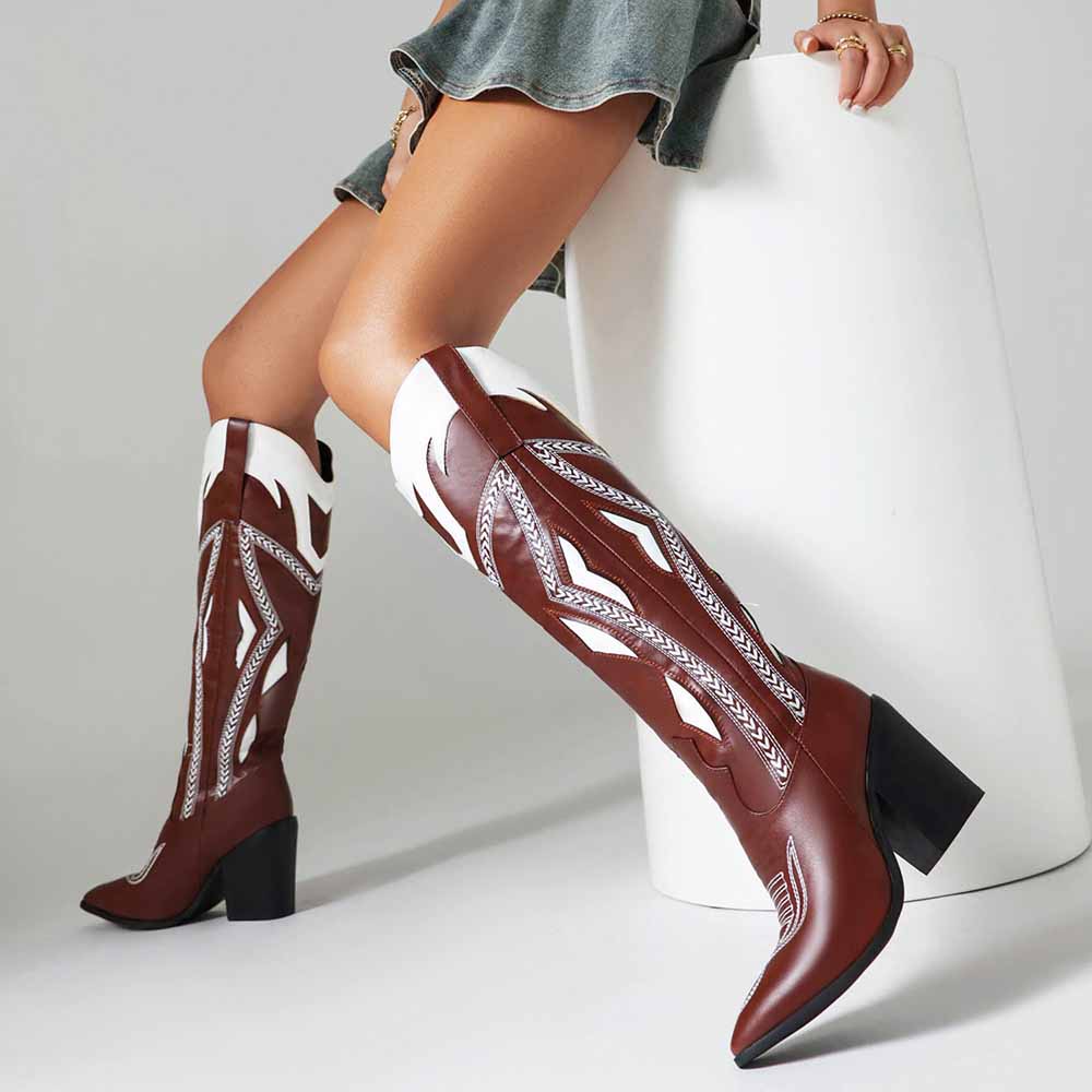 Stylish sd-hk chunky block heel western boots for women with intricate design in brown and white