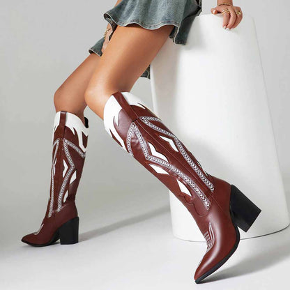 Stylish sd-hk chunky block heel western boots for women with intricate design in brown and white