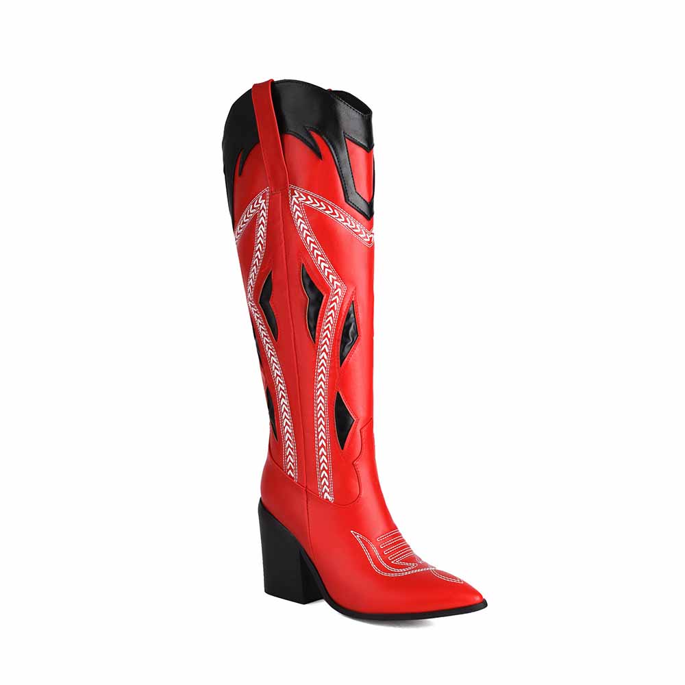 Bold red chunky block heel western boots for women with intricate black detailing