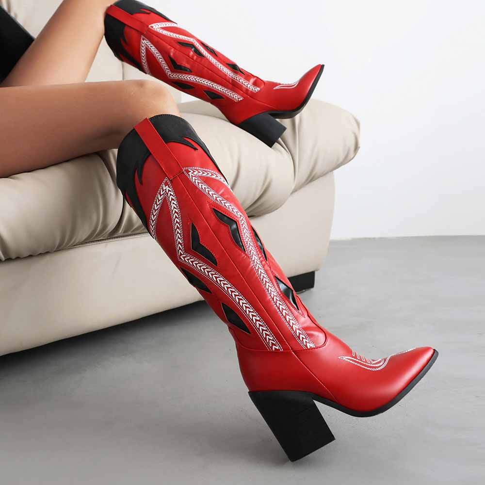 Bold red chunky block heel western boots for women with intricate detailing and stylish design