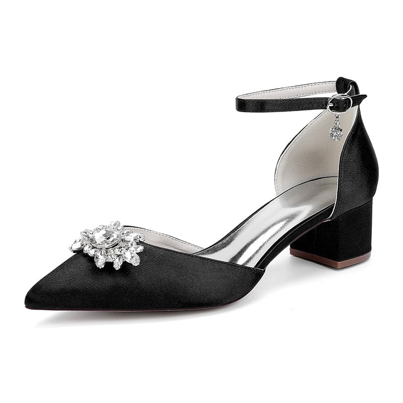 Elegant black chunky heel ankle strap wedding shoes with jeweled embellishment for bridal attire