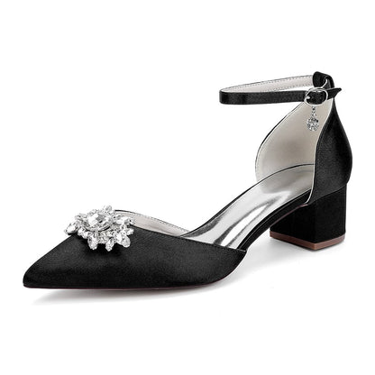 Elegant black chunky heel ankle strap wedding shoes with jeweled embellishment for bridal attire