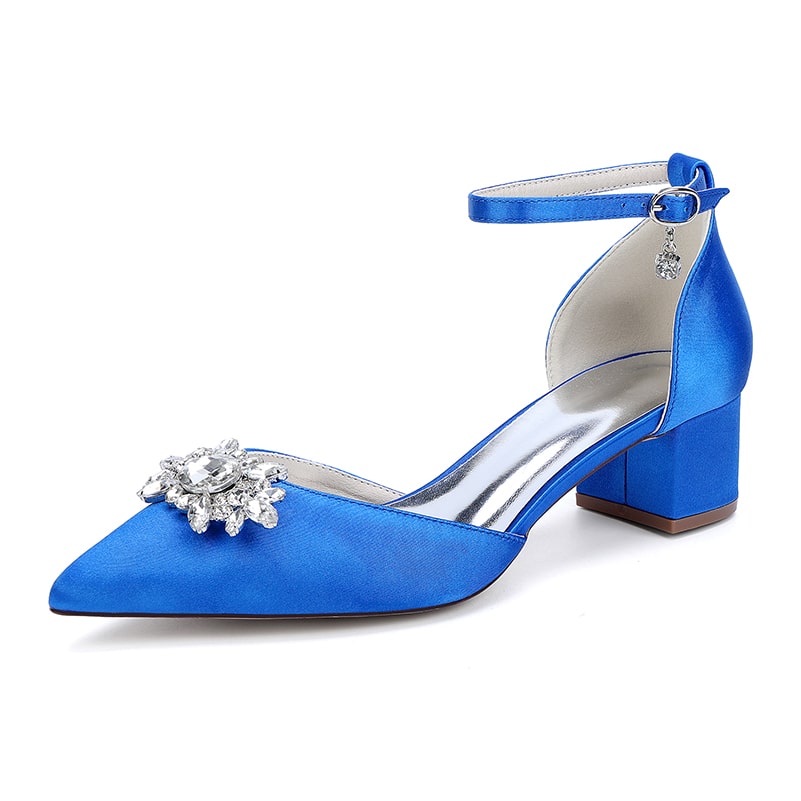 Blue chunky heel ankle strap wedding shoes with decorative jewel embellishment for bridal elegance