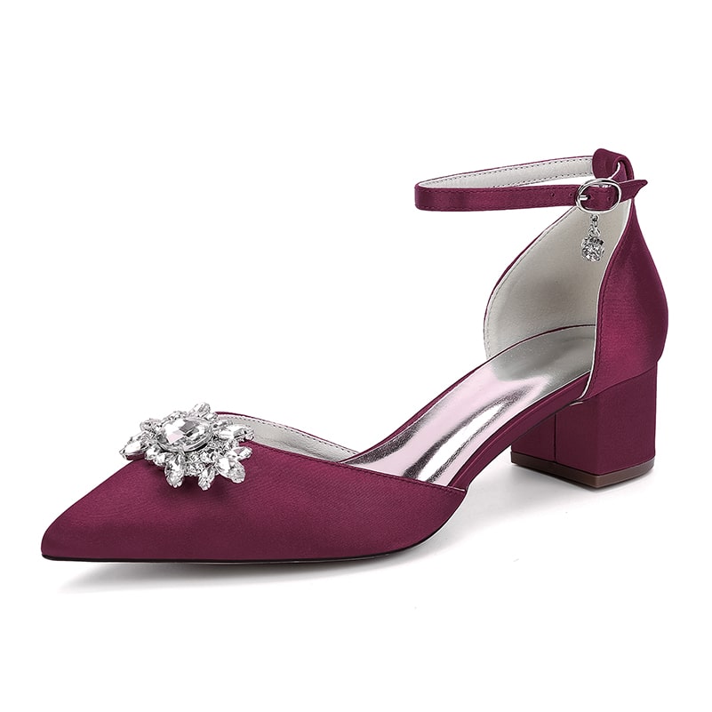 Elegant chunky heel ankle strap wedding shoes in burgundy with jeweled embellishment for bridal style