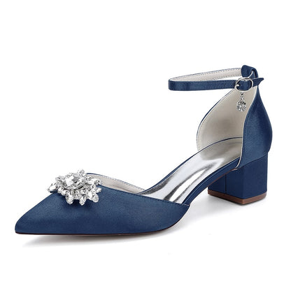 Elegant blue chunky heel ankle strap wedding shoes with decorative flower embellishment