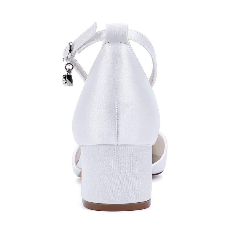 Elegant chunky heel ankle strap wedding shoes in white, perfect for bridal or special occasions